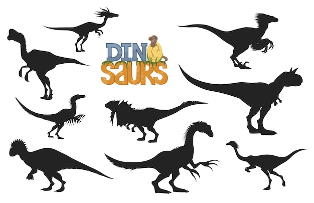 Vector personajes de dibujos animados de dinosaurios siluetas de terópodos animales prehistóricos. dino bebé gracioso con huevo, velociraptor, dilophosaurus y carnotaurus, oviraptor, gallimimus, compsognathus y troodon