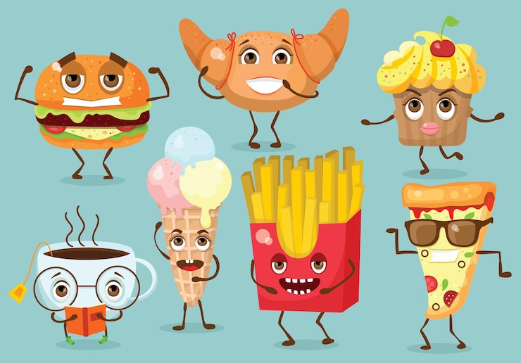 Vector personajes de dibujos animados divertidos alimentos ilustraciones vectoriales: cupcake, hamburguesa y pizza con emociones