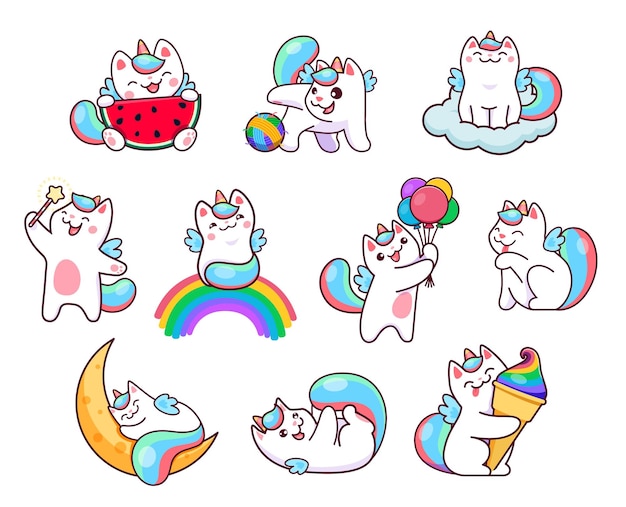 Los personajes de dibujos animados divertidos y lindos del gato unicornio felices, el gato gatito o el gatito, los personajes animales del juego de cuentos de hadas, los gatitos que juegan con globos de aire arco iris y clew que duermen en las nubes comiendo helado.