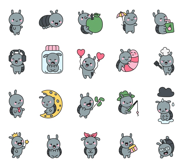 Personajes de dibujos animados de escarabajos en el lindo estilo kawaii