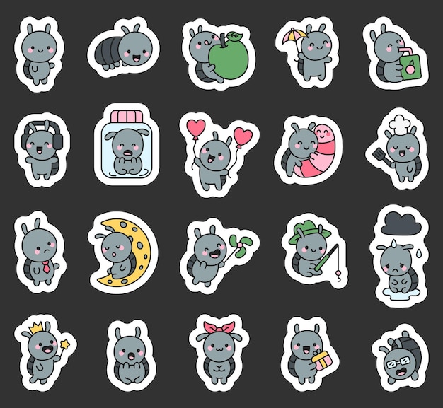 Personajes de dibujos animados de escarabajos en el lindo estilo kawaii