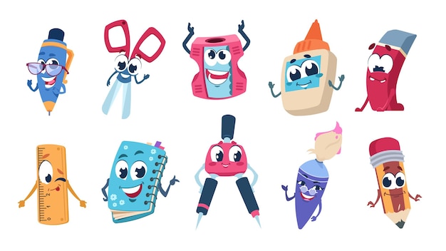 Personajes de dibujos animados de la escuela. Libro de lápiz y mascotas de papelería educativa con caras felices. Vector plano divertido material escolar en fondo blanco