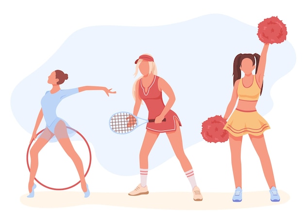 Personajes de dibujos animados femeninos de colores dedicados a diferentes tipos de deportes Aeróbic figura gimnasia tenis porristas Chica con aro mujer con raqueta de bádminton adolescente con plumero animando