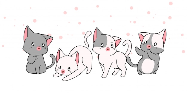 Personajes de dibujos animados de gato kawaii dibujados a mano sobre fondo blanco