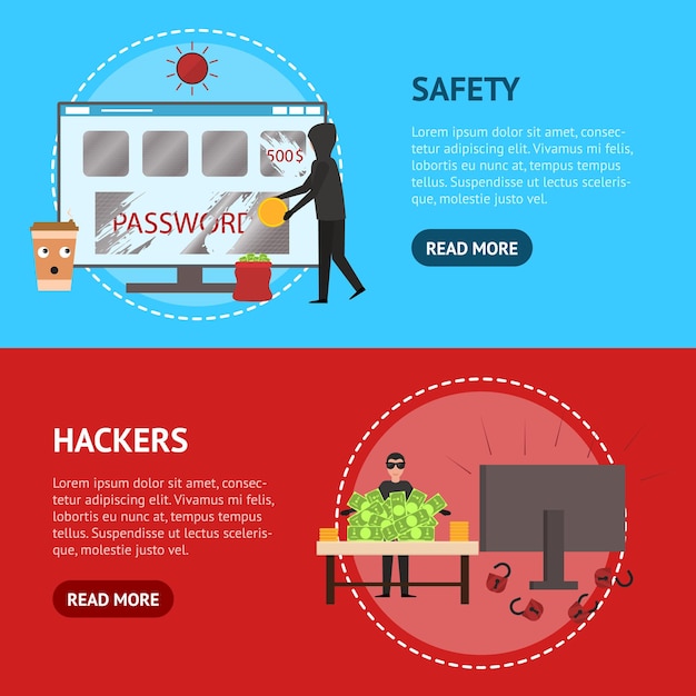 Personajes de dibujos animados Gente Hacker de Internet Banner Conjunto Horizontal Vector