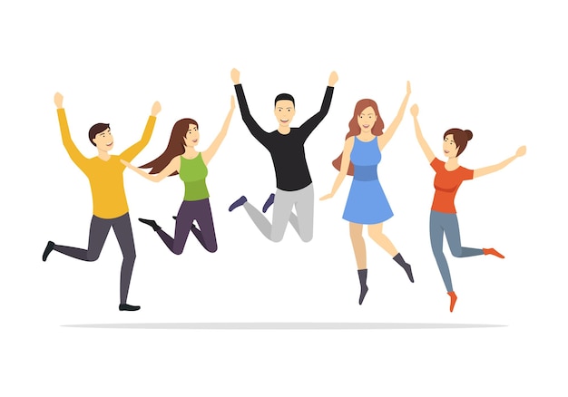 Personajes de dibujos animados Grupo de personas saltando Conjunto Feliz Diversión y Elemento de concepto activo Estilo de diseño plano Ilustración vectorial