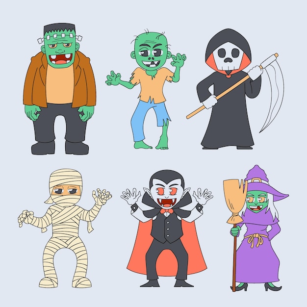 Vector personajes de dibujos animados de halloween dibujados a mano