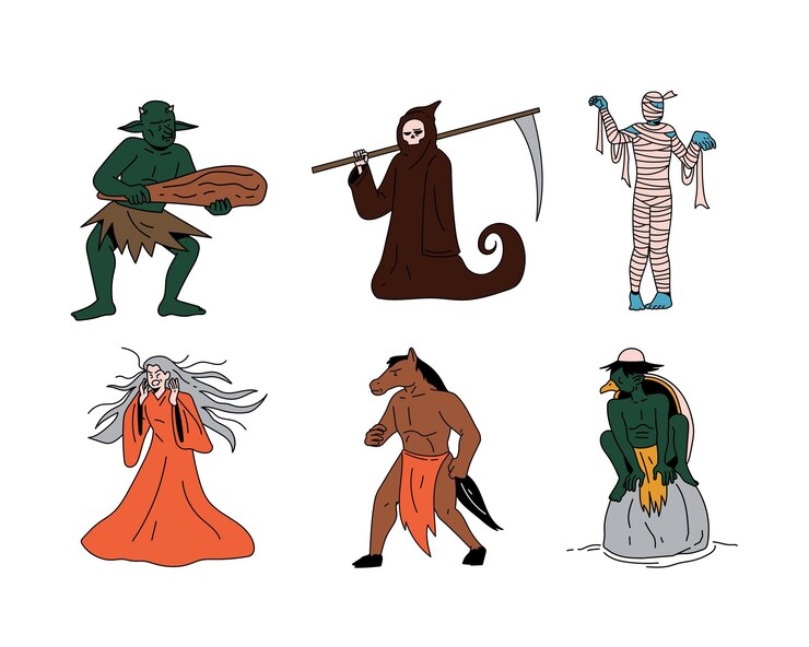 Vector personajes de dibujos animados de halloween ilustración vectorial conjunto de iconos vectoriales de halloween