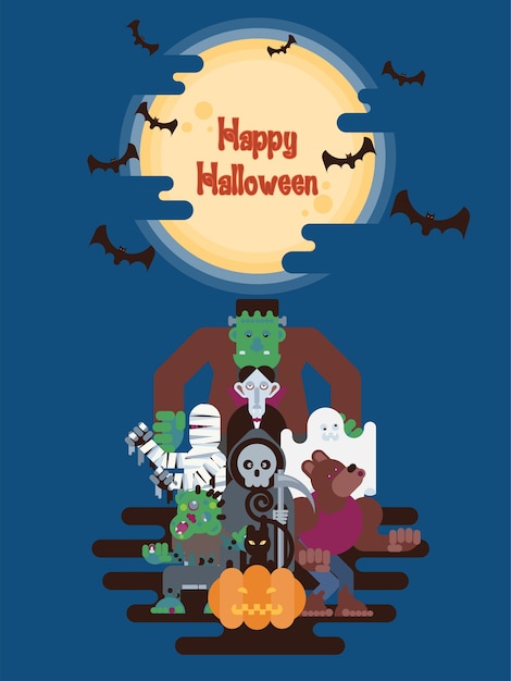 Vector personajes de dibujos animados de halloween bajo la luna