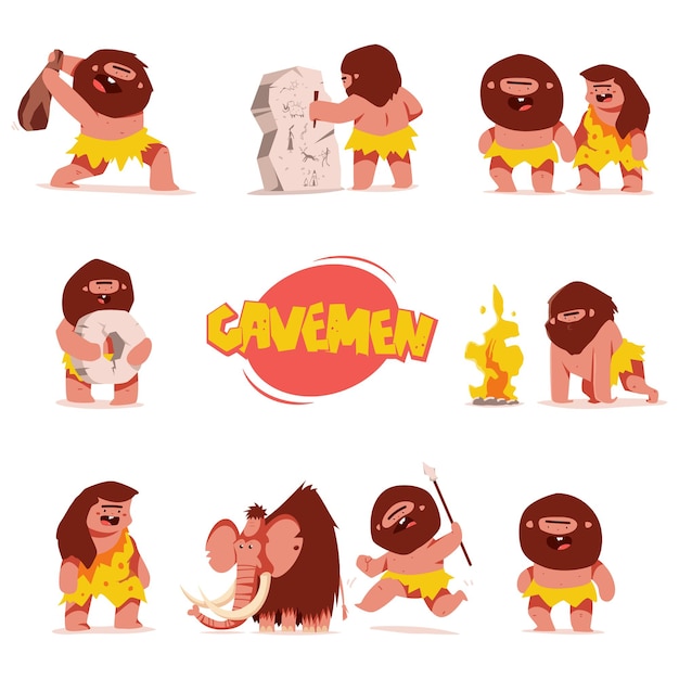 Personajes de dibujos animados de hombres de las cavernas lindo conjunto aislado