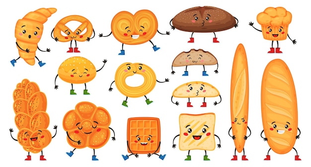 Personajes de dibujos animados lindo pan con caras felices. Gracioso croissant, muffin, baguette, pretzel y tostadas. Conjunto de vector de caracteres de mascota de panadería. Refrigerio fresco para el desayuno de la mañana con expresión alegre.