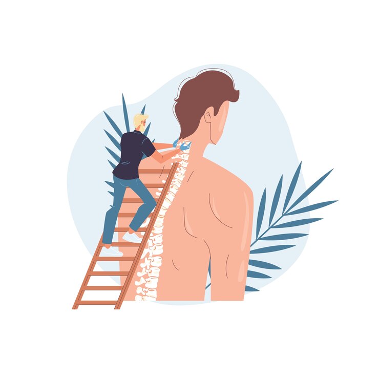 Personajes de dibujos animados médico con uniformes, batas de laboratorio con dispositivos médicos y concepto de tratamiento y terapia de enfermedades de la columna vertebral