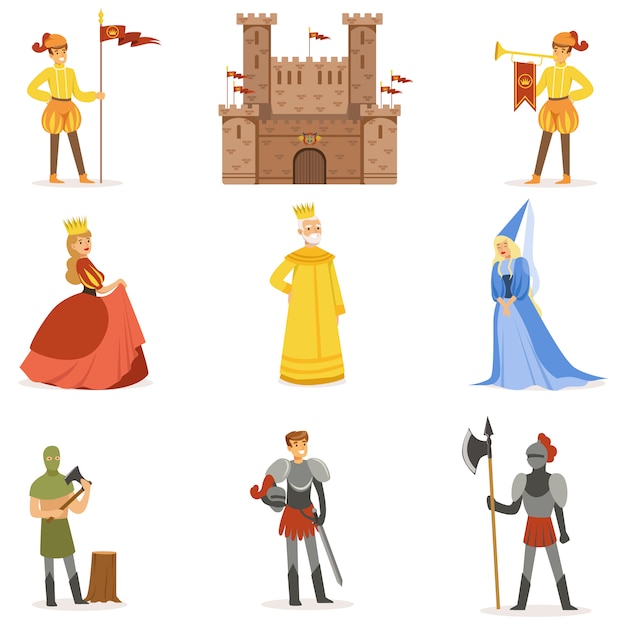 Vector personajes de dibujos animados medievales y edad media europea atributos del período histórico conjunto de iconos