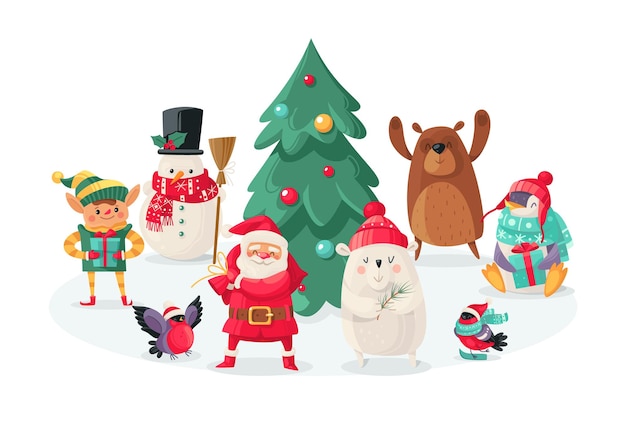 Personajes de dibujos animados de Navidad. Año nuevo lindos animales camachuelo y oso polar, conejo y pingüino, Santa Claus y muñeco de nieve, elfo y ardilla, árbol de vacaciones vector objetos aislados para diseño