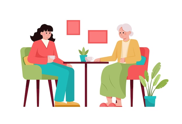 Personajes de dibujos animados de nieta hablando con su abuela en casa