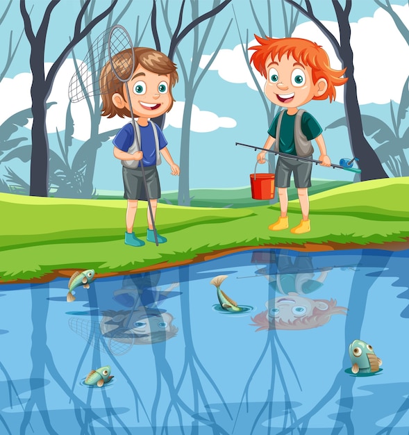 Personajes de dibujos animados para niños explorando un estanque en una escena forestal