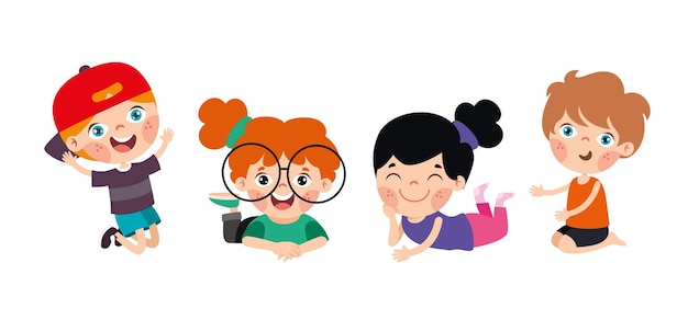 Personajes de dibujos animados niños felices sentados