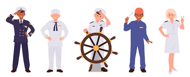 Personajes de dibujos animados de niños marineros vestidos con uniforme de pie aislados sobre un fondo blanco