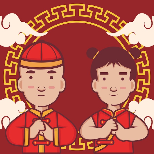 Personajes de dibujos animados de niños y niñas, feliz año nuevo chino