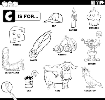 Personajes de dibujos animados y objetos que comienzan con la letra c  establecen la página del libro para colorear | Vector Premium