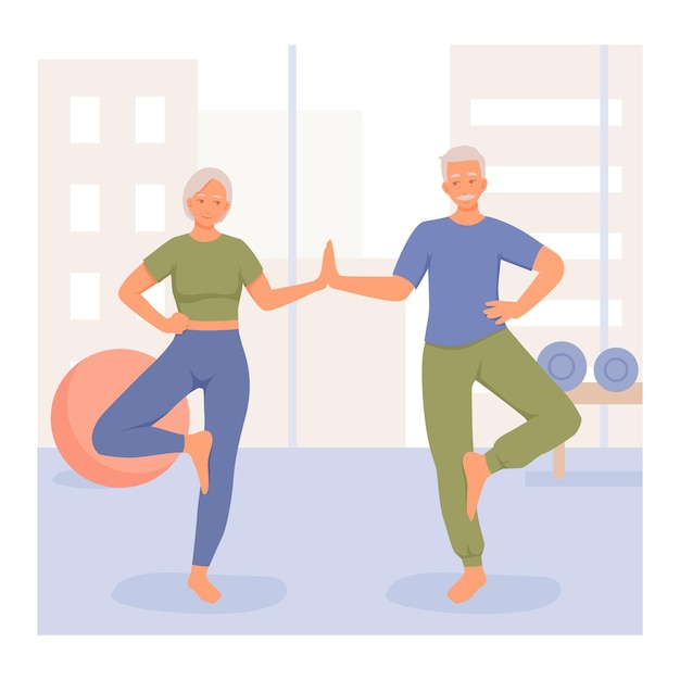 Personajes de dibujos animados de pareja senior positiva haciendo deportes juntos