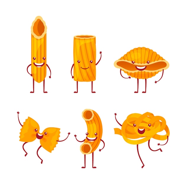 Personajes de dibujos animados de pasta aislados en fondo blanco Fideos divertidos con linda colección de vectores de caras kawaii