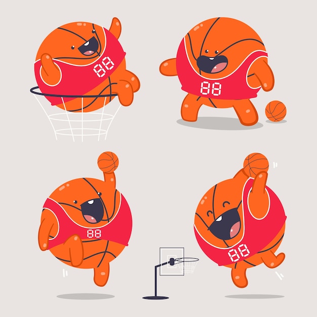 Personajes de dibujos animados de pelota de baloncesto lindo conjunto aislado sobre fondo.