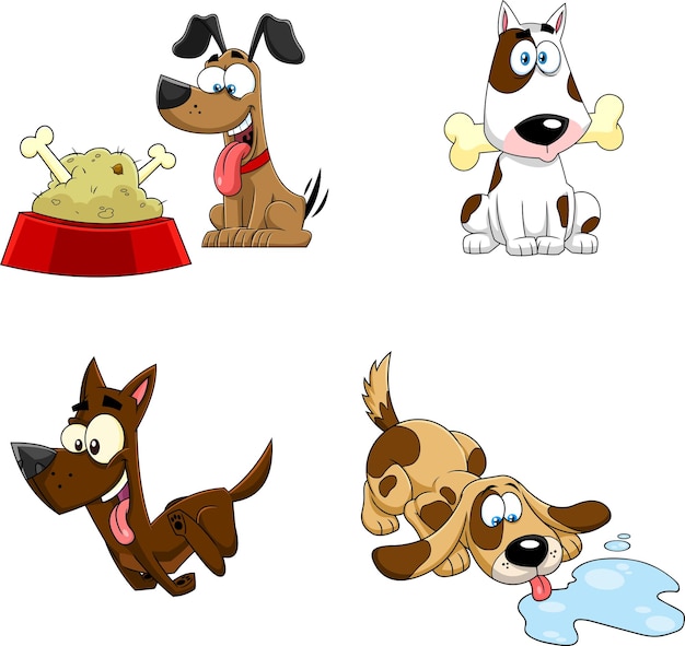 Personajes de dibujos animados de perros de raza conjunto de colección dibujado a mano vectorial aislado sobre fondo blanco