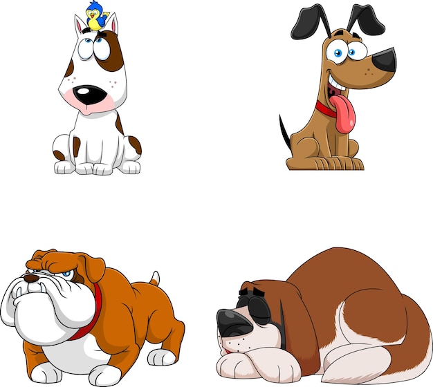 Personajes de dibujos animados de perros de raza Conjunto de colección dibujado a mano vectorial aislado sobre fondo blanco