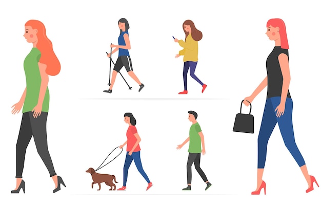 Vector personajes de dibujos animados personas caminando al aire libre en el grupo de la ciudad de diseño plano de hombres y mujeres de dibujos animados