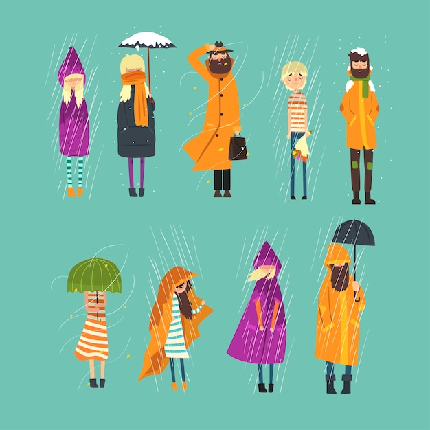 Personajes de dibujos animados de personas congeladas afuera. Clima lluvioso y con nieve. Niño triste con ramo de flores, hombre barbudo en gabardina, niña con paraguas en las manos. ilustración