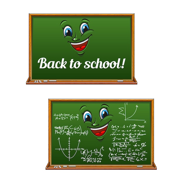 Personajes de dibujos animados de pizarra escolar con fórmula de tiza matemática, gráfico y título Regreso a la escuela. Para el tema educativo o el uso de diseño de héroe de libro infantil