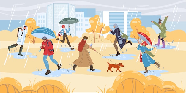 personajes de dibujos animados planos haciendo actividades de otoño y caminando al aire libre bajo la lluvia