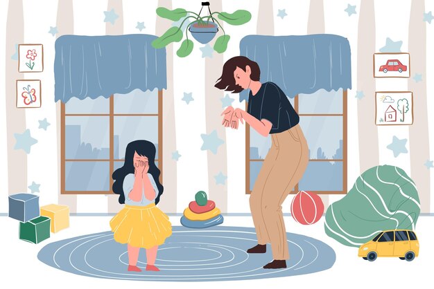 Personajes de dibujos animados planos mamá e hija en pelea doméstica, concepto de ilustración de vector de escena de conflicto familiar