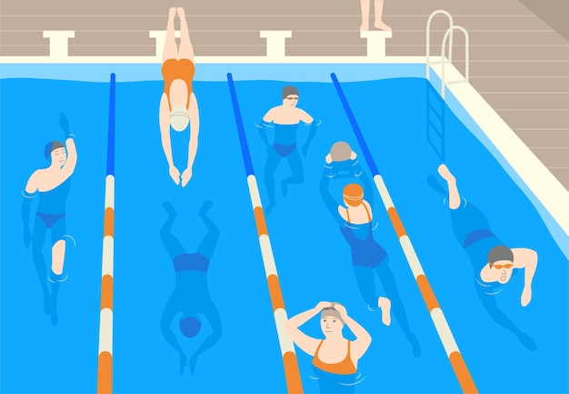 Personajes de dibujos animados planos masculinos y femeninos con gorras, gafas y trajes de baño saltando y nadando en la piscina. Hombres y mujeres realizando actividad deportiva en el agua. Ilustración de vector colorido moderno.