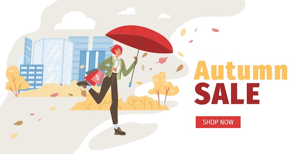 personajes de dibujos animados planos en la venta de otoño, caminando y corriendo para obtener descuentos en compras