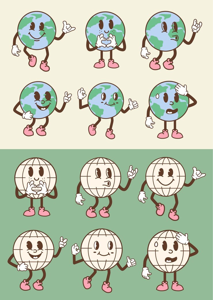 Vector personajes de dibujos animados retro earth globe con varias expresiones