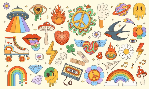 personajes de dibujos animados retro hippie arte cómico