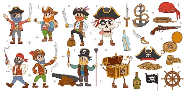 Los personajes de dibujos animados retro de piratas y corsarios