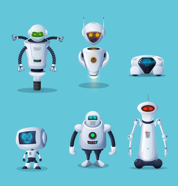 Personajes de dibujos animados de robots y máquinas de inteligencia artificial