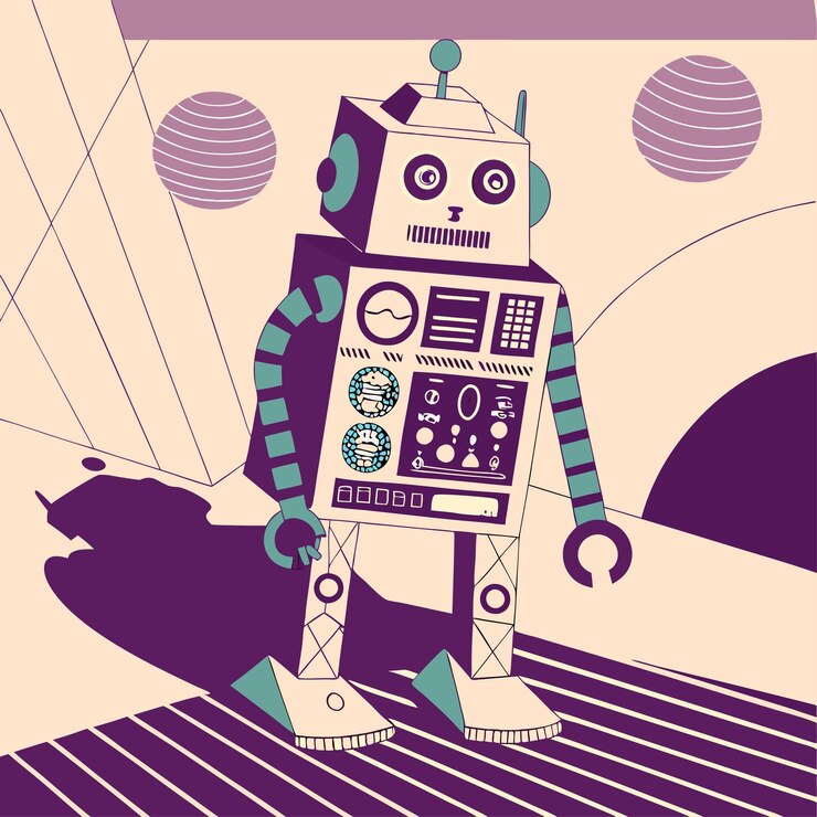 Vector personajes de dibujos animados y robots retro juguetones nostálgicos y amigables diseños para colorear y vectorizar