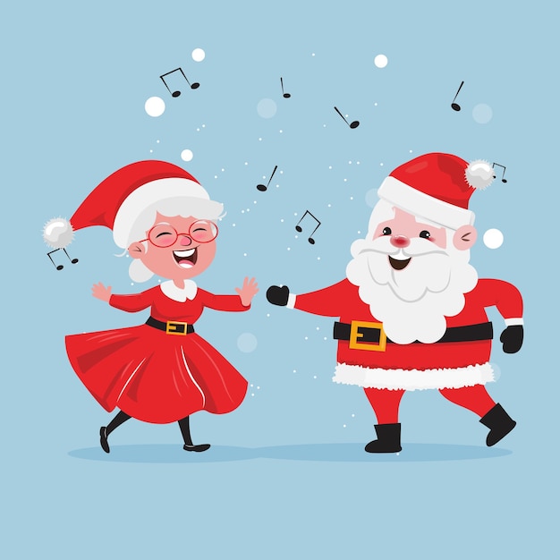 Personajes de dibujos animados de santa claus y missis claus bailando feliz fiesta de año nuevo feliz navidad