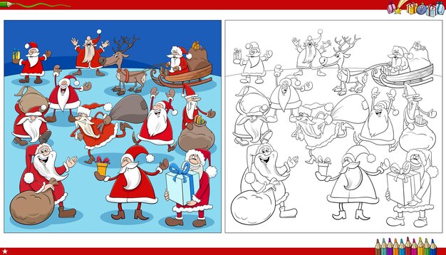 Personajes de dibujos animados de Santa Claus en Navidad para colorear página del libro