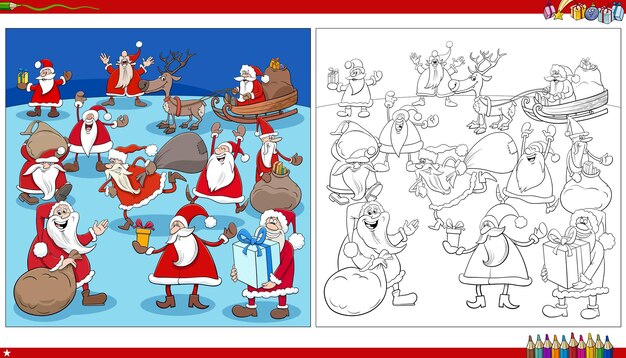 Personajes de dibujos animados de santa claus en navidad para colorear página del libro