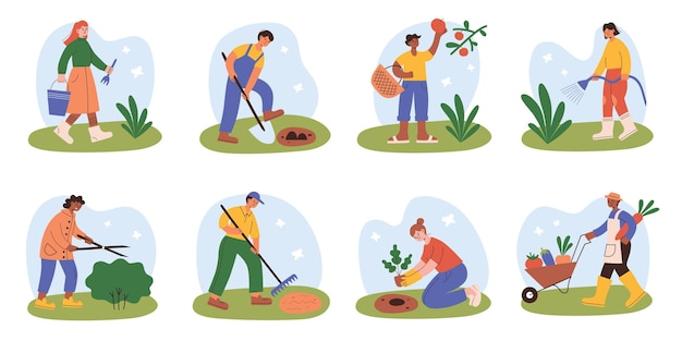 Personajes de dibujos animados trabajando en jardinería y escenas agrícolas jardineros felices plantando