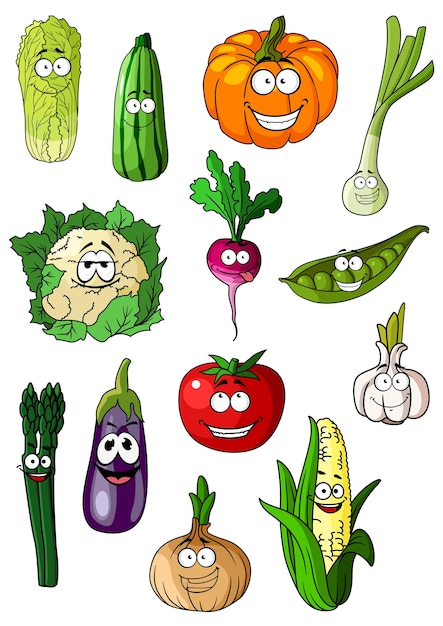 Vector personajes de dibujos animados de verduras con tomate, cebolla, berenjena, maíz, repollo, calabaza