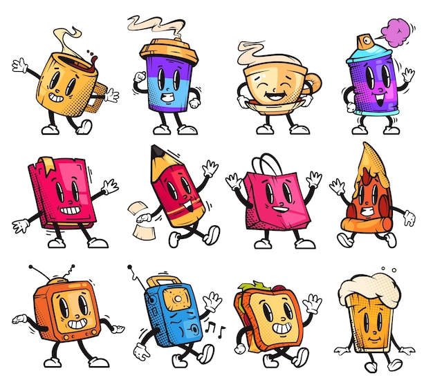 Vector personajes de dibujos animados vintage dibujados a mano