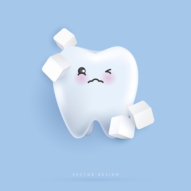 Los personajes de los dientes con azúcar se sienten mal, los dientes no son saludables, la placa y la caries, el agujero con dulces. Ilustración para niños de diseño vectorial de conceptos dentales y odontológicos.