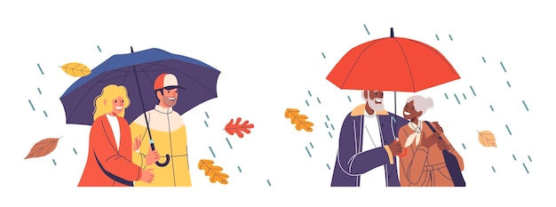 Personajes de diferentes generaciones disfrutando felices de un día de lluvia juntos protegidos por paraguas