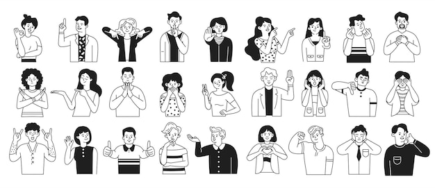 Personajes con diferentes gestos dibujando ilustraciones de líneas
